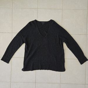 EILEEN FISHER sz M Black Gray V-Neck 3/4 Sleeve Pullover Fine Knit Sweater